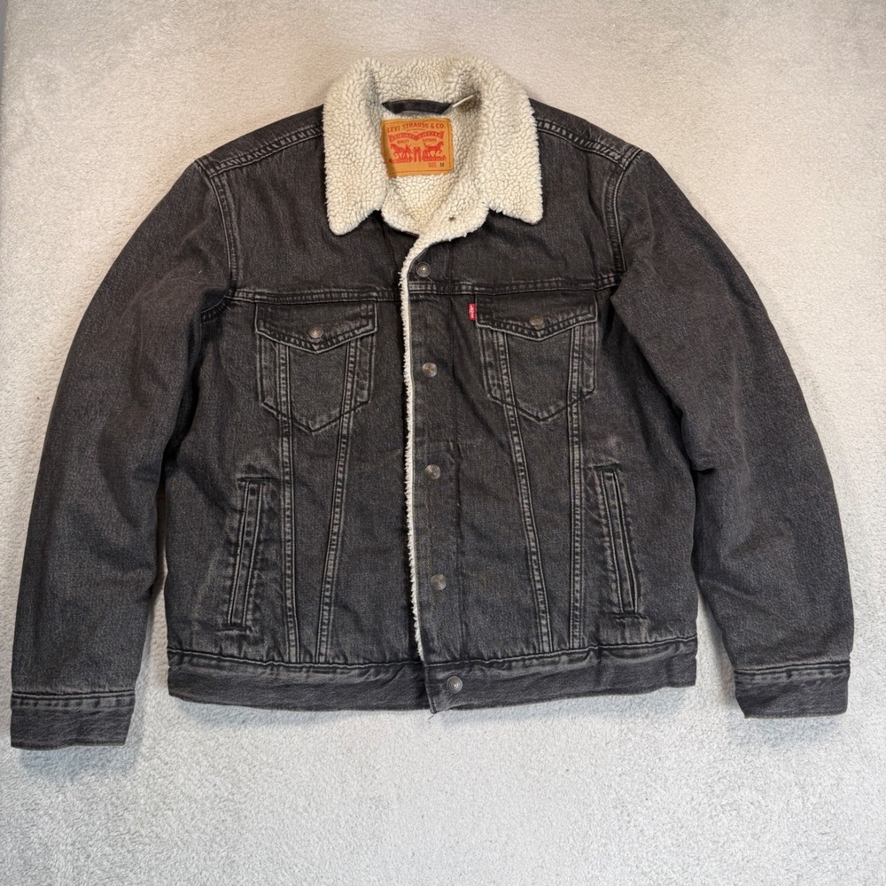 Levi's Sherpa Trucker Jacket Mens Medium Black Denim Fleece Lined Coat Type 3